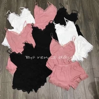 Set bộ ngủ hai dây viền ren thun gân sexy