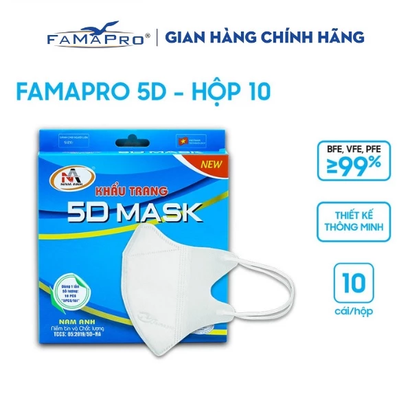 CHÍNH HÃNG - COMBO 5 hộp Khẩu trang 5D,3d mask NAM ANH người lớn FAMAPRO hộp 10 cái