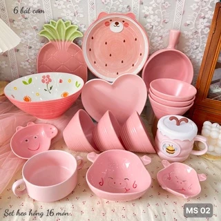 Bát Ăn Cơm Bộ Bát Đĩa Sứ Decor Chén Dĩa Dễ Thương Mầu Hồng Cute Cao Cấp S01