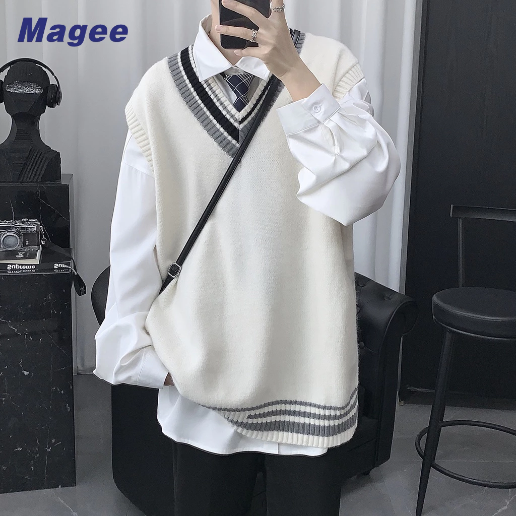 Áo Sweater Dệt Kim Không Tay Cổ Chữ V Dáng Rộng Phong Cách Hàn Quốc Thời Trang Xuân Thu Cho Nam Giới