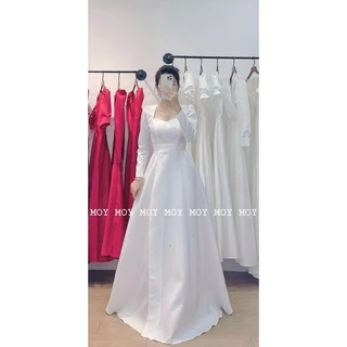 Váy dài phi xẻ cổ vuông tay dài khoét lưng - Váy cưới đơn giản nhẹ nhàng- X338