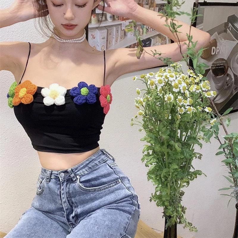 Áo croptop hai dây PINKSTORE29, hoa len móc siêu xinh blossom A5365