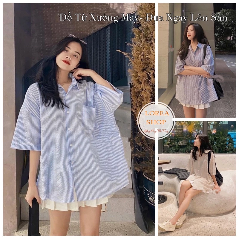 Áo sơ mi Hàn Quốc dáng rộng kẻ sọc nhiều màu Ulzzang