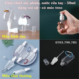 Chai nhựa 50ml chiết mỹ phẩm, nước rửa tay, có vòi xịt và móc treo tiện lợi