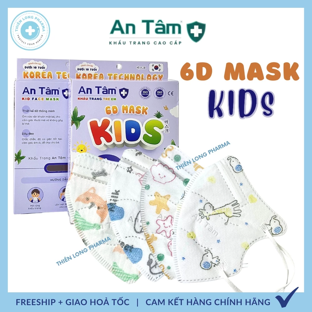 Khẩu trang trẻ em 6D Kids An Tâm dành cho bé 2-8 tuổi kháng khuẩn hàng chính hãng