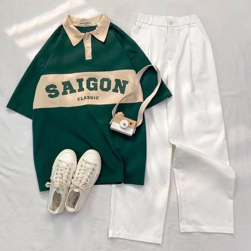 Polo SAIGON màu XANH LÁ/ĐEN form rộng 🖤 Chất thun cotton form nam nữ unisex/Áo thun có cổ Jaystoree2🖤