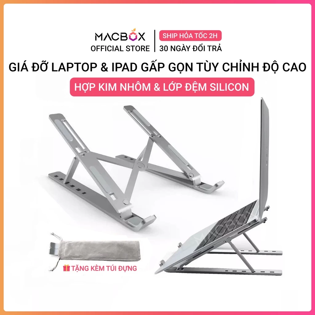 Giá đỡ laptop bằng nhôm điều chỉnh được độ cao, gấp gọn, hỗ trợ tản nhiệt khi kê máy tính Macbox