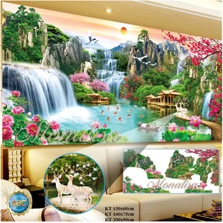 Tranh đính đá phong cảnh non nước hữu tình KT:130x60c,160x75cm. Tranh gắn đá tự dính.