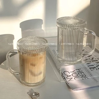 Cốc thủy tinh trong suốt có tay cầm có họa tiết sọc dọc để uống trà sữa cà phê phong cách Hàn Quốc