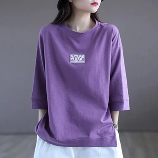 Áo Thun 100% Cotton Tay Lửng Cổ Tròn In Chữ Thời Trang Dành Cho Nữ