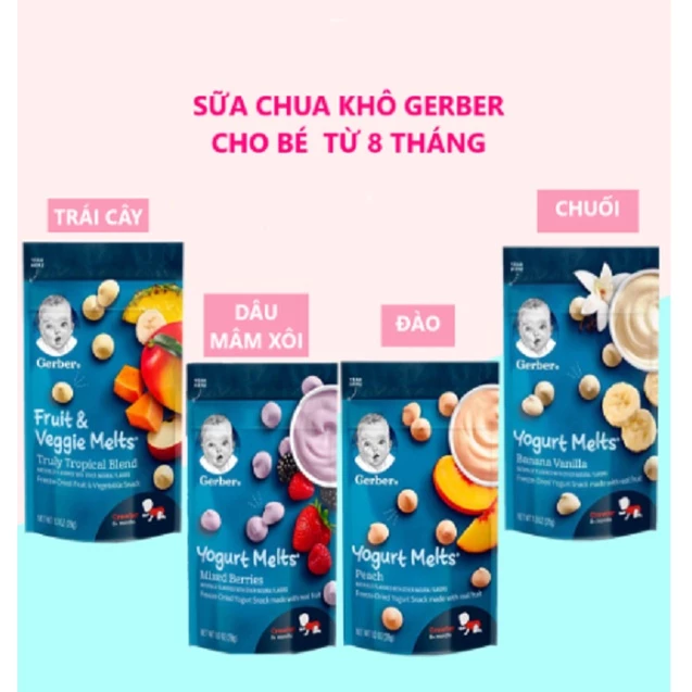 Bánh Sữa Chua Khô Gerber Mỹ Các Vị Trái Cây Cho Bé Ăn Dặm Gói 28g