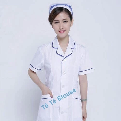 (ẢNH TỰ CHỤP) Áo Blouse cổ tròn viền xanh dương có đai eo lưng vải Lon dành cho điều dưỡng, y tá, dược sỹ, sinh viên y
