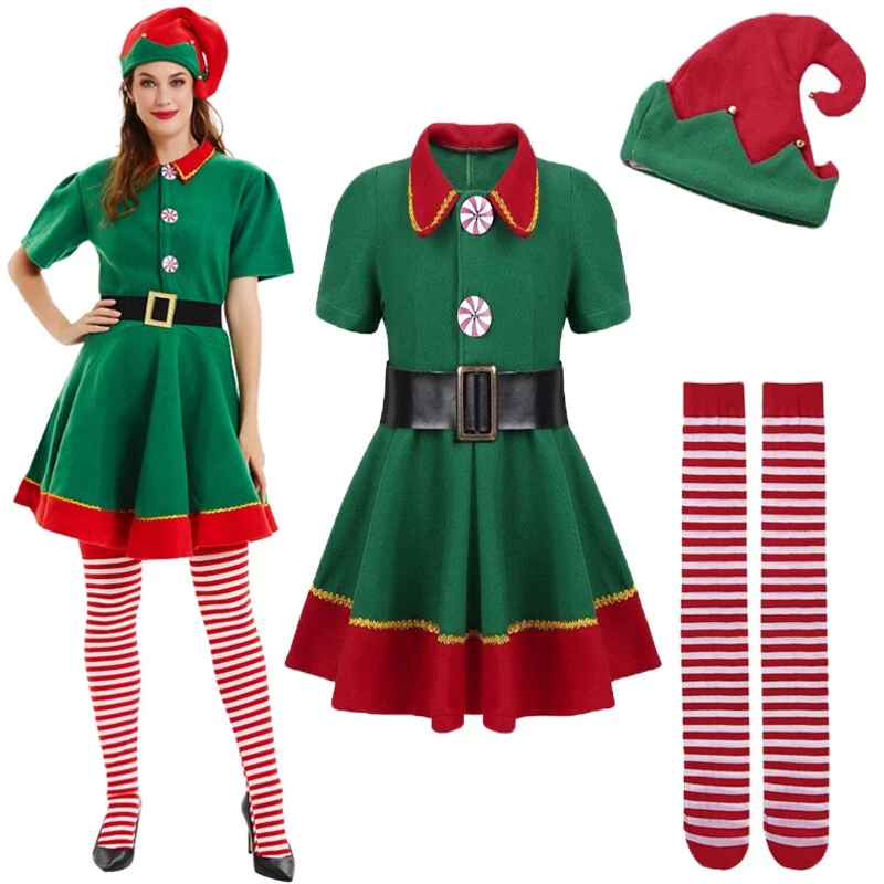 Váy đồng phục hóa trang ông già Noel với mũ và vớ màu xanh lá xinh xắn dành cho nữ