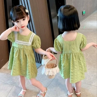 Váy đầm công chúa bé gái ren cổ vuông khóa kéo sau lưng tay bông bé gái cấp cho bé 8-20kg