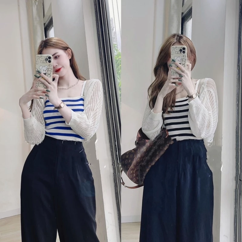 Set áo len 2 dây kẻ croptop kèm khoác len dệt kim siêu xinh