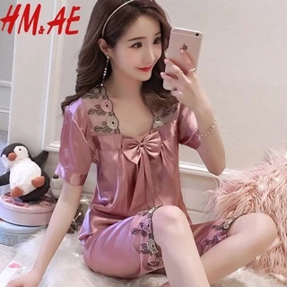 Bộ đồ ngủ tay dài chất liệu lụa thời trang xuân thu xinh xắn dành cho nữ