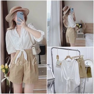 Set bộ đồ nữ đi biển áo croptop buộc nơ eo kèm quần short mặc cá tính