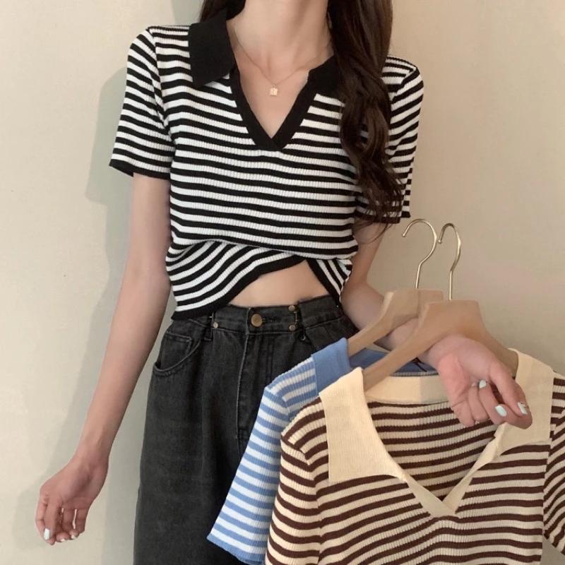 Áo polo cổ V họa tiết kẻ dáng croptop cực xinh PL03