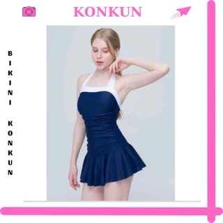 Bikini Đồ bơi nữ liền mảnh váy xòe nhún bụng màu xanh đen kín đáo KONKUN MS42