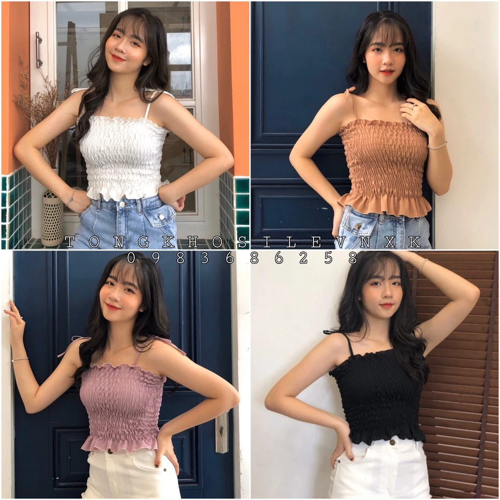 ÁO 2 DÂY NHÚN BÈO BUỘC NƠ ULZZANG ĐEN TRẮNG TÍM NÂU - ÁO CROPTOP HAI DÂY THẮT NƠ HOT