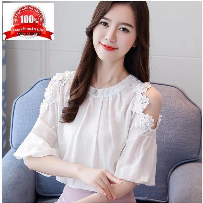 Áo Nữ Áo Kiểu Hở Vai Viền Hoa Cao Cấp Màu Trắng Tặng Kèm Nước Hoa