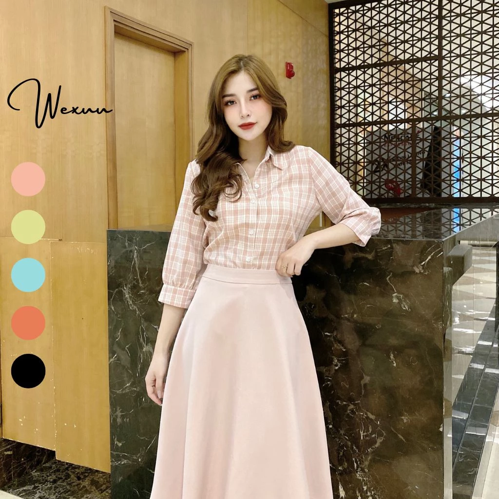 Áo sơ mi nữ tay lỡ Wexuu Design áo kiểu nữ kẻ caro Chất Vải Đẹp - Caro - Xu02