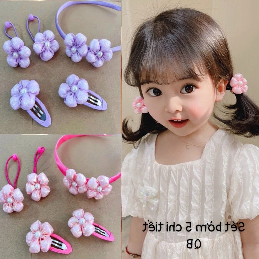 Set 5 Bờm Hoa&Dây Buộc Tóc Cho Bé Gái