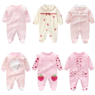 Áo liền quần tay dài bằng vải cotton cho bé gái sơ sinh 0-18 tháng tuổi