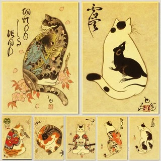 Poster Dán Tường Hình Mèo Samurai Phong Cách Cổ Điển