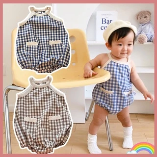 Bộ Áo Liền Quần Không Tay Chất Liệu Cotton Họa Tiết Sọc Caro Thời Trang Mùa Hè Cho Bé Sơ Sinh