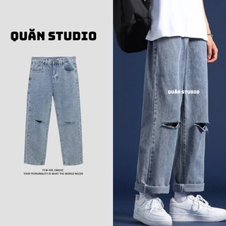 Quần Baggy Nam Rách Gối Quăn Studio - Quần Jean Nam Màu Xanh Vừa Rách Gối 1 Form Chuẩn Hàn Quốc QRG02