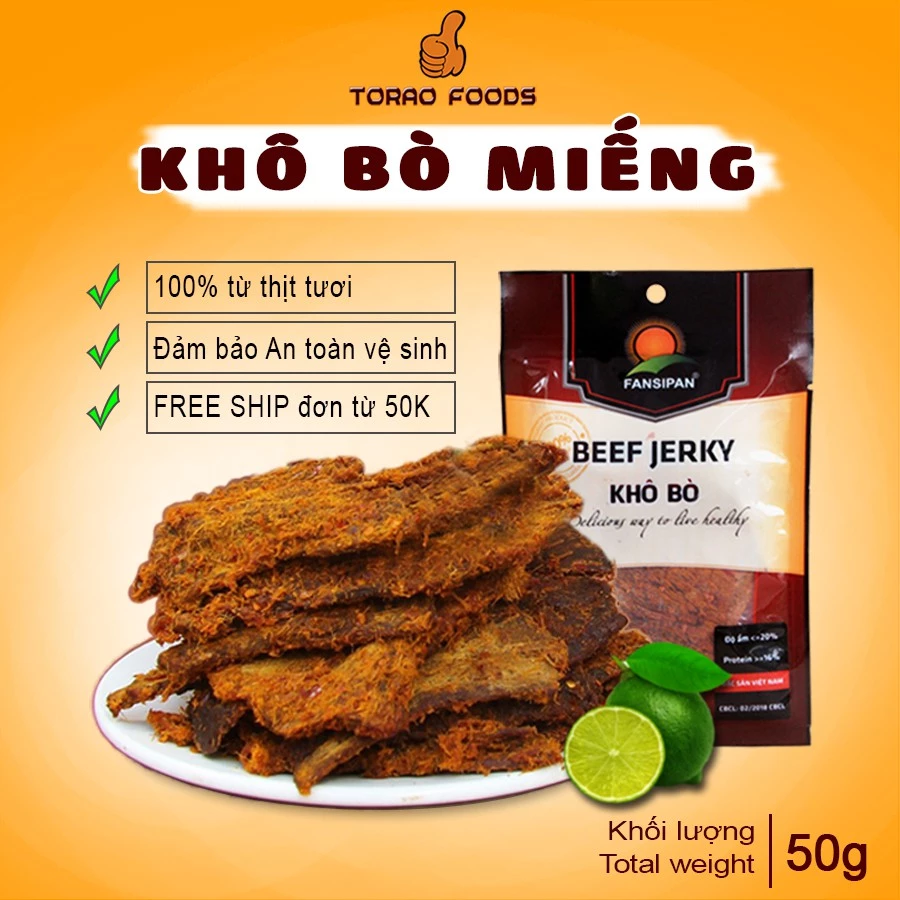 Khô bò miếng mềm Fansipan 50g khô bò miếng bò thật loại 1 khô bò miếng cay, Torao Foods - đồ ăn vặt ngon