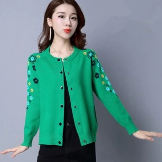 Áo Khoác Cardigan Dệt Kim Dáng Rộng Ngắn Thêu Họa Tiết Phong Cách Hàn Quốc Mới Phù Hợp Với Người Trung Niên Và Lớn Tuổi