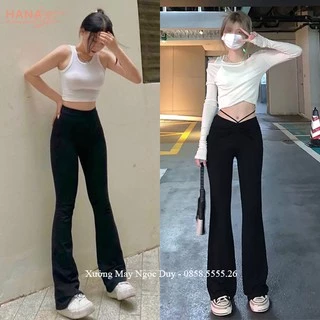 Quần ống loe cạp cao nữ dài bigsize có dây eo đen quần legging nữ ống loe ôm lưng chun thun vải co giãn học sinh công sở