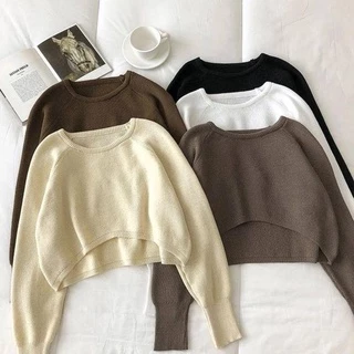 Áo Sweater Dệt Kim Tay Dài Cổ Tròn Dáng Rộng Ngắn Lưng Thời Trang Cho Nữ