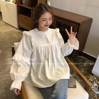 [Ảnh thật] Áo sơ mi dáng babydoll viền ren bèo xếp li ngang bo tay ulzzang