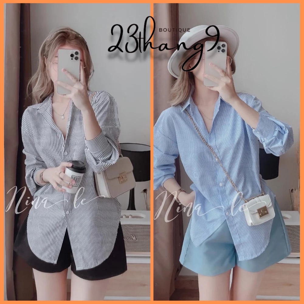 Áo sơ mi nữ áo sơ mi kẻ sọc form rộng xanh đen chất thô cao cấp phong cách ulzzang hàn quốc công sở đi làm đi chơi
