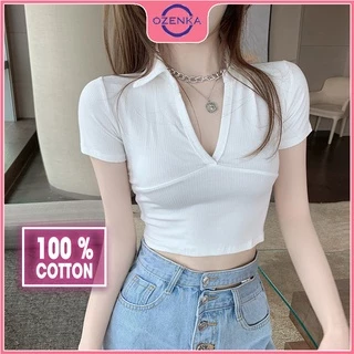 Áo croptop ôm cổ V polo nữ OZENKA , áo crt ngắn tay gợi cảm chất đẹp màu đen trắng freesize dưới 50 cân