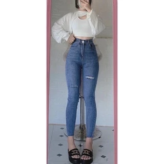 Set jeans dài lưng cao co giãn rách PT + Set 2món croptop cutout🔥