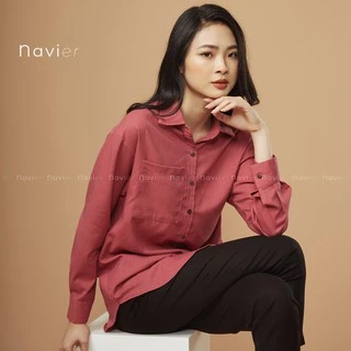 ÁO SƠ MI NỮ FORM RỘNG OVERSIZE DÀI TAY CÔNG SỞ CÓ TÚI NGỰC ĐŨI - LINEN SHIRT SM02 NAVIER