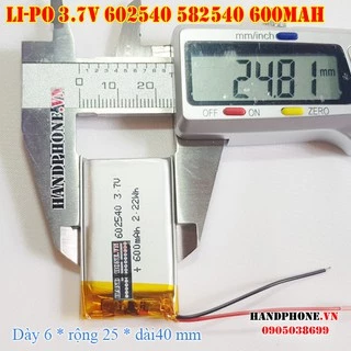 Pin Li-Po 3.7V 600mA 602540 582540 (Lithium Polyme) cho loa bluetooth, máy nội soi, cân điện tử, camera, đồng hồ