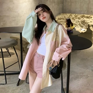 Áo Sơ Mi cổ đứng Tay Dài Oversized Cài Nút Màu Sắc Thời Trang Cho Nữ