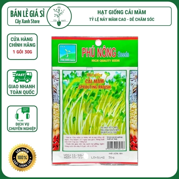 Hạt Giống Rau Mầm Cải Ngọt 30Gr Giàu Dinh Dưỡng - Phú Nông Seeds - Key: Đất sạch, Phân Bón, Hữu Cơ, Xơ Dừa