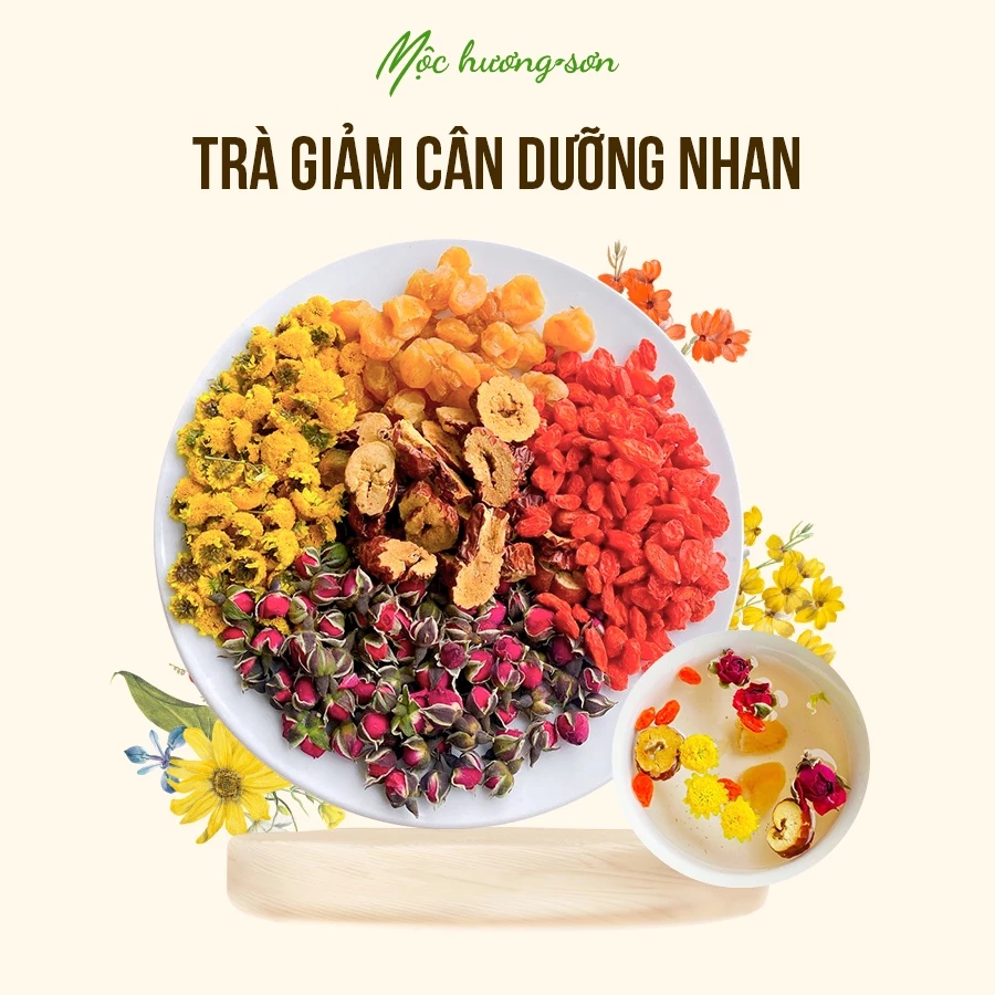 Trà giảm cân dưỡng nhan Mộc Hương Sơn gói 10gr mix hoa hồng, hoa cúc, táo đỏ, kỷ tử, long nhãn