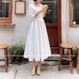 ( ẢNH THẬT SHOP CHỤP ) Váy Tulip Chụp Ảnh Cưới 👗 Váy Đón Tiệc - Váy Lưng Cúc Ngọc - Váy Trắng Tay Bồng