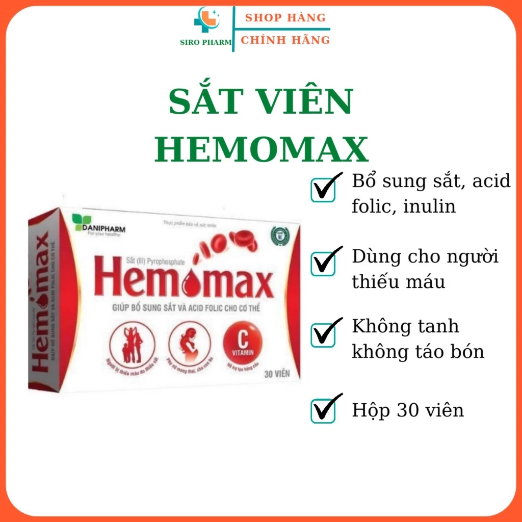 Viên sắt cho bà bầu Hemomax, hỗ trợ bổ sung sắt Acid Folic, cải thiện thiếu máu do thiếu sắt - Hộp 30 viên