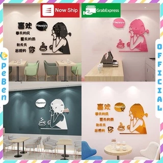 Tranh mica EPeBen dán tường nổi 3d hình cô gái vui vẻ Happy decor trang trí quán cafe, trà chanh, trà sữa