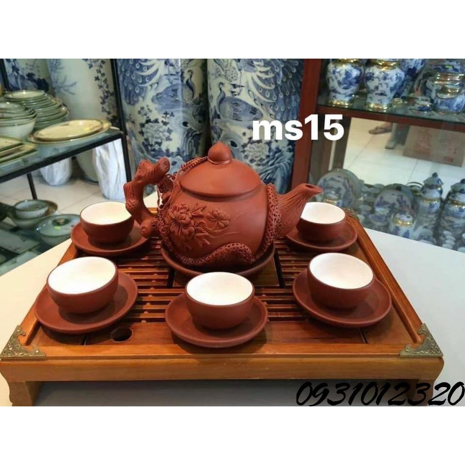 bộ ấm chén uống trà giá rẻ Bát Tràng_khay để ấm chén bằng gỗ Bát Tràng