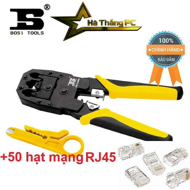 Combo kìm bấm mạng BOSI vàng đen với 50 hạt mạng RJ45