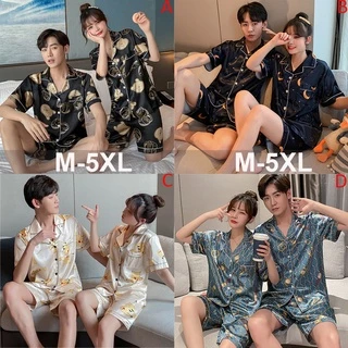 Bộ Đồ Ngủ Vải Lụa Satin Tay Ngắn Thời Trang Hàn Quốc Cho Cặp Đôi Plus Size M-5XL Baju Tidur luyoo28